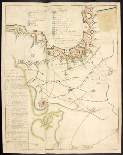 Sävytetty suunnitelma piiritystöistä. Ranskan kirjoittama lehti Bergen op Zoomin piirityksestä vuonna 1747; jota edelsi selvitys Ranskan tykistöjen tilasta tuolloin. tekijältä Unbekannter Künstler