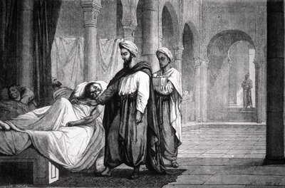 Abulcasis (936-1013), kalifi Al-Hakam II:n lääkäri, Cordoban sairaalassa (Espanja), kaiverruskuvaus tekijältä Unbekannter Künstler