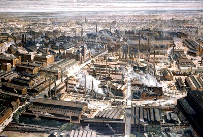Ilmakuva Kruppin tehtaasta Essenissä, noin 1920 (kaiverrus). tekijältä Unbekannter Künstler
