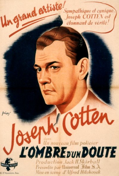 AlFredhitchcockin ja Joseph Cottenin elokuvan Shadow of a Doubt juliste 1943 tekijältä Unbekannt