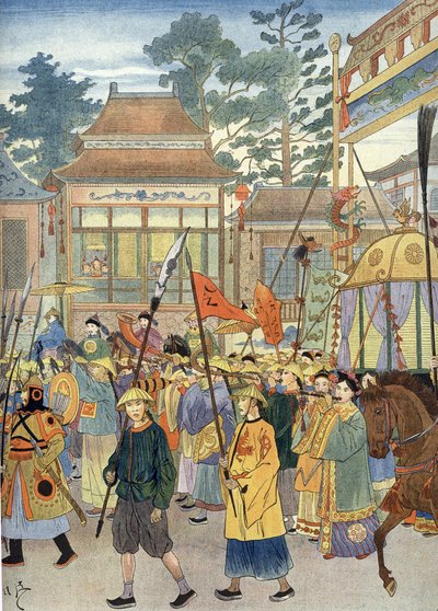 Allegoria antiikin Kiinan hymnistä: Keisari palankiinassa, noin 1900 (kuva) tekijältä Unbekannter Künstler