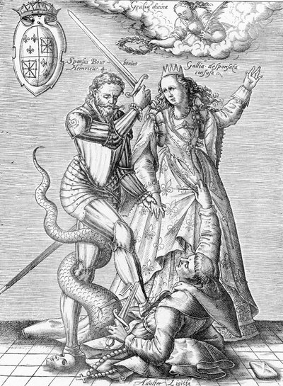 Allegoria katolisen liiton kuolemasta, joka esitetään munkkina, jonka ruumiin käärme tappaa Ranskan kuningas Henrik IV ja Ranska. 1800-luvun loppupuoli (kaiverrus Henri Varennesin ja Edgar Troimaux