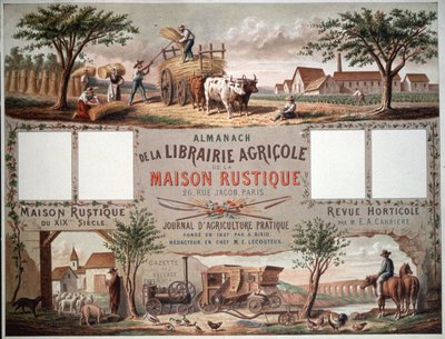 Almanakka, jossa kuvataan perinteisiä ja nykyaikaisia viljelymenetelmiä. n. 1870-80 (värilitro). tekijältä Unbekannter Künstler