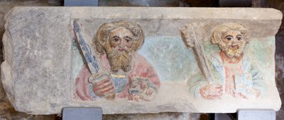 Alttaritaulu. monivärinen kivi. 1300-luvun toinen puoli. Alkuperäinen entinen Torre de Rialbin seurakuntakirkko. Yksityiskohta. Alempi rekisteri. Vasen paneeli. Evankelistat Paavali Pietari. tekijältä Unbekannt