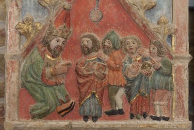 Alttaritaulu. monivärinen kivi. 1300-luvun toinen puoli. Alkuperäinen entinen Torre de Rialbin seurakuntakirkko. Yksityiskohta. Keskirekisteri. Vasen paneeli. Yläosa: Saints Iscle ja Victoria virkamiesten kanssa. tekijältä Unbekannt