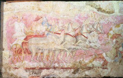 Amazonit ajamassa vaunuja, yksityiskohta amatsonien sarkofagin puolelta, Tarquinia, 4. vuosisadalla eKr. (tempera alabasterilla) (85168:n yksityiskohta) tekijältä Unbekannt