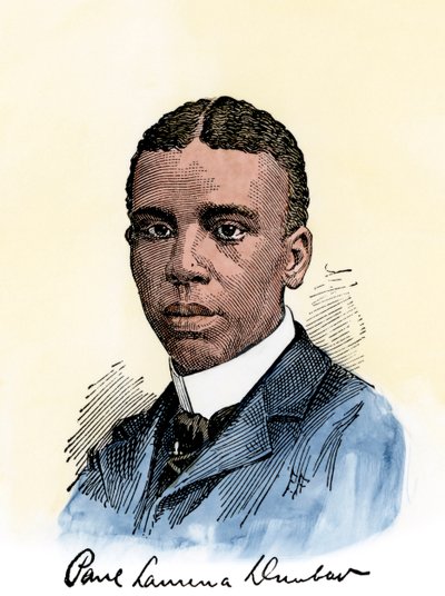 Amerikkalainen runoilija Paul Lawrence Dunbar (1872-1906) ja hänen nimikirjoituksensa. Käsinväritetty puupiirros 1800-luvun kuvituksesta. tekijältä Unbekannter Künstler