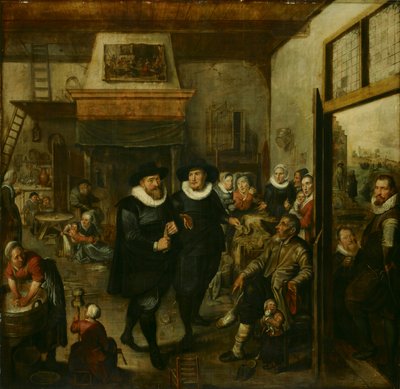 Almoner ja poliisikersantti vierailevat köyhässä perheessä, 1625-1630 tekijältä Unbekannt