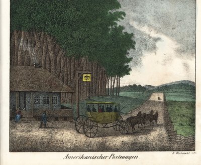 Amerikkalainen postitoimisto ja huolellisuus. Kirjan litografia: Friedrich Wilhelm Goedsche (1785-1863) "Galerie complete en tableaux fideles des peuples d