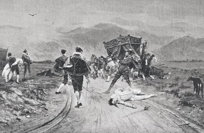 Hyökkäys linja-autoa vastaan, 1600-luvun puoliväli, "La Ilustracion Artistica", julkaistu 1887 tekijältä Unknown