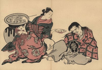 Oiran-kurtisaani soittaa kahta shojoa sakea valtavasta maljakosta. Masanobu Okumuran (1686-1764) tekemä puupiirros teoksesta Fuzoku Emakimono, Picture Scroll of the Water Trade, Tokio, uusintapainos noin 1880. tekijältä Unbekannter Künstler