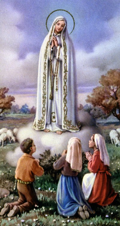 Neitsyt Marian ilmestyminen kolmelle pienelle paimenelle Fatimassa, Portugalissa (1917), n. 1920-30 (postikortti). tekijältä Unbekannter Künstler