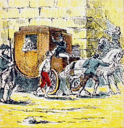 Ludvig XVI ja hänen pakenevan perheensä pidätys Varennesissa 21. kesäkuuta 1791. Kaiverrus "Histoire de France". Mainoskuvien sarja julkaistu Louit