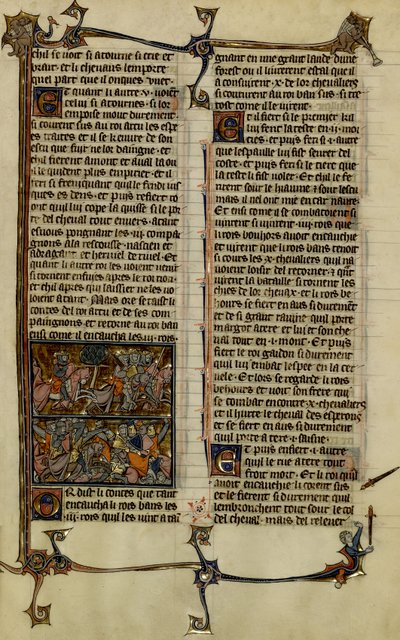 Arthurin legenda (Graalin maljan etsintä) : Benoic jahtaa saksilaista ja Danablaisen taistelu ovat kaksi valaistusta, jotka ovat peräisin Merlinin historian käsikirjoituksesta, joka on peräisin 1200-luvulta vuosien 1280-1290 väliseltä ajalta. tekijältä Unbekannter Künstler