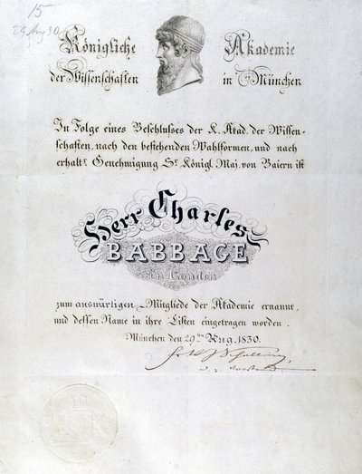 Babbage Kunniakirja myönnettiin Charles Babbagelle tekijältä Unbekannt