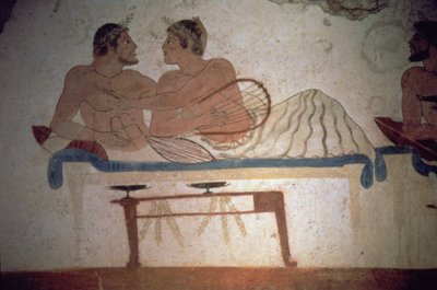 Juhla, johon vainaja osallistui, yksityiskohta maalauksesta Sukeltajan haudassa, n. 480 eKr. (seinämaalaus) (katso lisätietoja: 112063) tekijältä Unbekannter Künstler