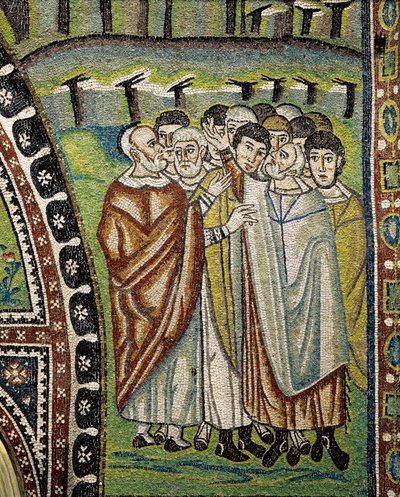 San Vitalen basilika, yksityiskohta lunette-mosaiikeista ambulatorion sisäänkäynnin yläpuolella, jotka edustavat Israelin kahdentoista heimon Aaronin johtajia, Ravenna, Emilia-Romagna, Italia tekijältä William M. Timlin