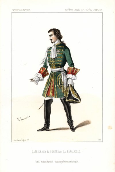 Bassbaritoni Edouard Gassier komissaarin roolissa Auberin teoksessa La Barcarolle, Opera Comique. tekijältä Unbekannter Künstler