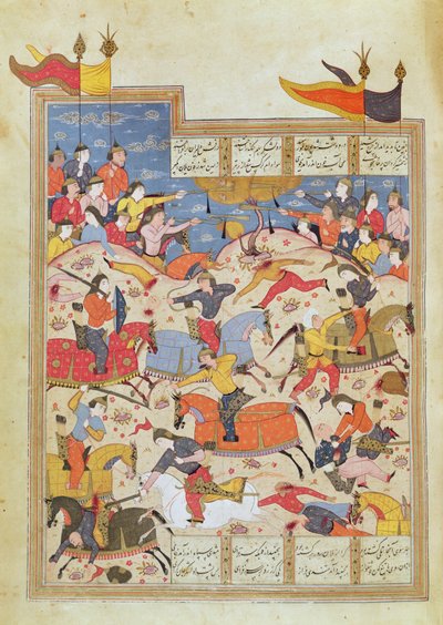 Taistelukohtaus, kuvitus "Shahnamasta" tekijältä Unbekannt