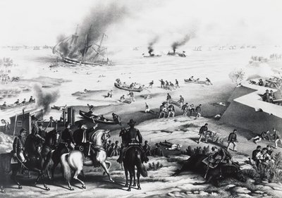 Battle of Hampton Roads tai Battle of Ironclads, USS Monitor ja CSS Virginia (oikealla), 9. maaliskuuta tekijältä William M. Timlin