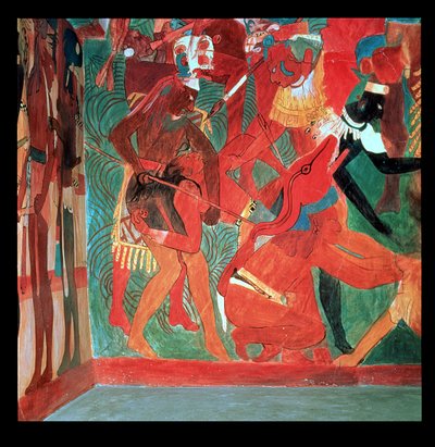 Taistelukohtaus kuvattu huoneessa 2 Painted Temple at Bonampak, Mayan, Late Classic Period, noin 800 (seinämaalaus) tekijältä Unbekannter Künstler