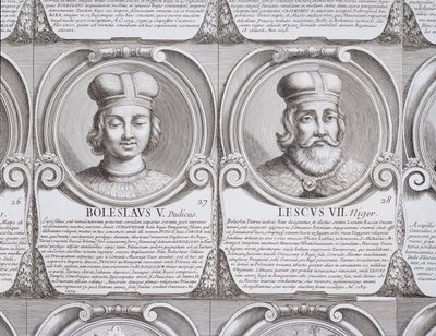Boleslaw V, siveä, ja Leszek II, musta, nro. 27 ja 28 julkaisusta "Puolalaisten herttuoiden ja kuninkaiden kronologinen sarja" (kaiverrus) tekijältä Unbekannt