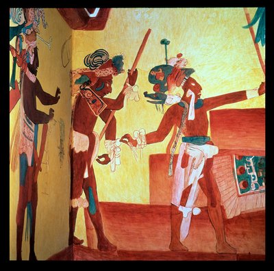 Bonampak-lordit höyhenpuvuissa tanssivat juhlaan sotilaallisen voiton jälkeen, Maya n. 800 (fresko) tekijältä Unbekannter Künstler