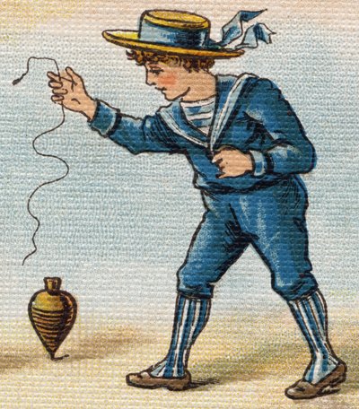 Poika pelaa huippua. Kaiverrus "Alphabet de ma petite fille". Bernardin-Bechet ja Fils, kirjakauppias-kustantajat, Pariisi, noin 1895. Rikkoutumaton albumi kankaalle. Bibliotheque des Bebes. 12 sivua. Albumi, joka sisältää lukumenetelmän ja havainnollisen  tekijältä Unbekannt