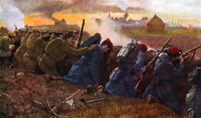 Brittiläiset joukot taistelevat ranskalaisten kanssa pysäyttääkseen Saksan ensimmäisen hyökkäyksen, syksy 1914 tekijältä Unbekannter Künstler