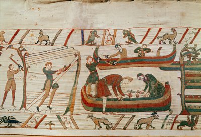 Laivojen rakentaminen Duke Williamin käskystä, Bayeux Tapestry (villakirjonta pellavalle) tekijältä Unbekannt