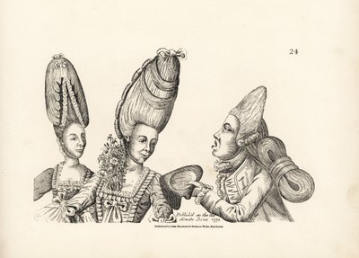 Karikatyyri 1700-luvun lopun muodista: naiset korkeassa peruukissa, joiden povessa on kukkapuutarha, ja makaroni korkeassa peruukissa, jonka taakse on sidottu yltiöpäinen hiusmassa. Kuparikaiverrus Timothy Bobbinin satiirisen kuvituksen jälkeen (John tekijältä Unbekannter Künstler