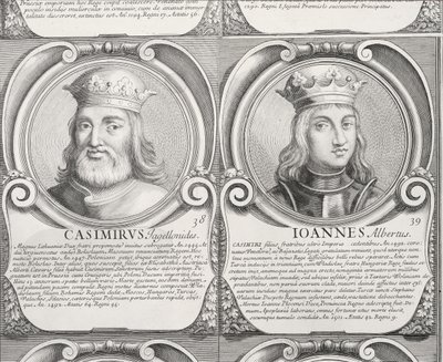 Casimir IV Jagiellon ja Jan I Olbracht, no. 38 ja 39 puolalaisten herttuoiden ja kuninkaiden kronologisesta sarjasta (kaiverrus) tekijältä Unbekannt