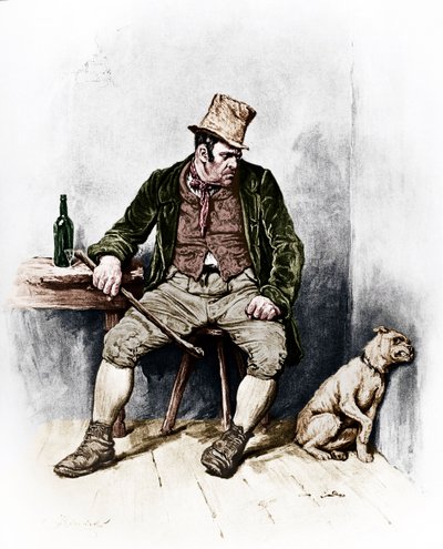 Charles Dickensin "Oliver Twist" : Bill Sykesin muotokuva 7. helmikuuta 1812 - 9. kesäkuuta 1870. Kuvitus Frederick Barnard (englannin kuvittaja 1846-1896) tekijältä Unbekannt