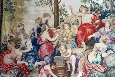 Chateau de Fontainebleau: yksityiskohta, verhot, jotka on kudottu Louis XIV:lle Gobelinsin tehtaalla vuodesta 1687 Pierre Mignardin mahtavien maalausten jälkeen Château de Saint Cloudissa herra Philippe Duc d