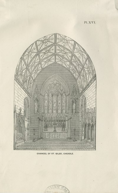 Cheadle - St. Giles" -kirkko: puukaiverrus ja [1800-luku] tekijältä Unbekannt