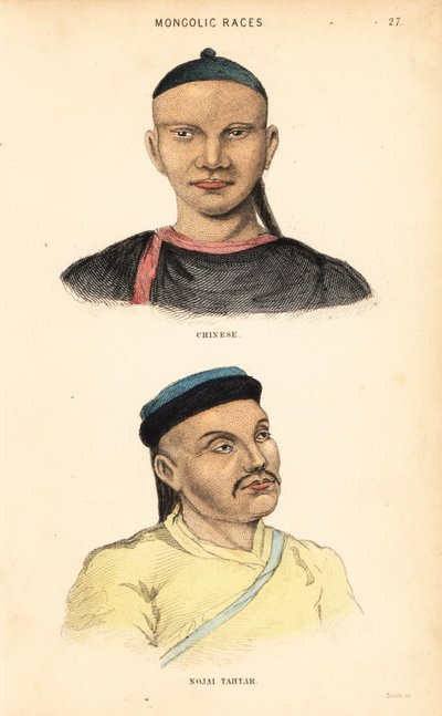 Kiinalainen mies ja tataarimies Nogai Horde. Mongolialaiset rodut. Lizarsin käsin väritetty teräskaiverrus Charles Hamilton Smithin Natural History of the Human Species -teoksen kuvituksen mukaan. tekijältä Unbekannter Künstler