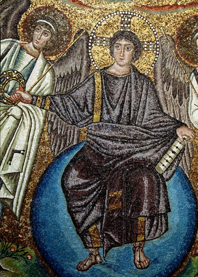 Kristus ja enkelit, yksityiskohta apsiksen ylhäältä, 6. vuosisata (mosaiikki) tekijältä Unbekannt