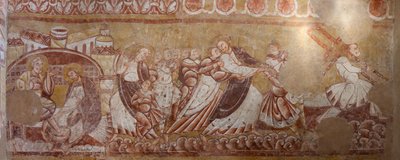 kirkko (Église Saint-Martin). Sisustus. Seinämaalauksia (freskot). Kuoron pohjoisseinä. Yksityiskohta. Kristuksen pidätys, jalkojen pesu. 12. vuosisadalla. tekijältä Unbekannt