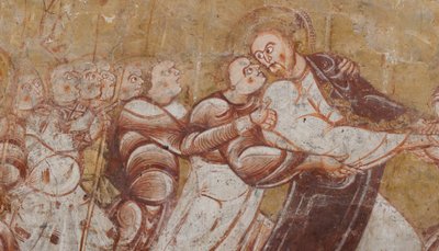 kirkko (Église Saint-Martin). Sisustus. Seinämaalauksia (freskot). Kuoron pohjoisseinä. Yksityiskohta. Kristuksen pidätys. 12. vuosisadalla. tekijältä Unbekannt