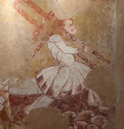 kirkko (Église Saint-Martin). Sisustus. Seinämaalauksia (freskot). Kuoron pohjoisseinä. Yksityiskohta. Simon Kyrenelainen kantamassa ristiä. 12. vuosisadalla. tekijältä Unbekannt