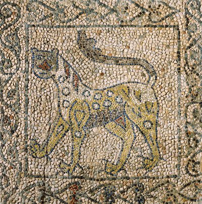 Pyhän Johanneksen evankelistan kirkko, neljäs ristiretki, täplikäs pantteria edustavat mosaiikkilattiat, Ravenna, Emilia-Romagna, Italia tekijältä William M. Timlin