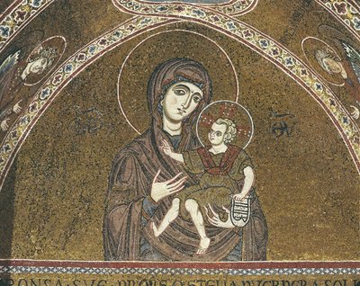 Lähikuva neitsyt marian seinämaalauksesta, monreale, sisilia, italia tekijältä Benjamin Baud