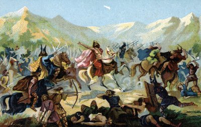 Frikkien kuningas Klovis I (466-511) vannoi Tolbiacissa vuonna 496 käydyssä taistelussa alamaanien germaaniheimoa vastaan, että hän kääntyisi uskoon voittaessaan. 1800-luvun loppu (kromolitografia). tekijältä Unbekannter Künstler