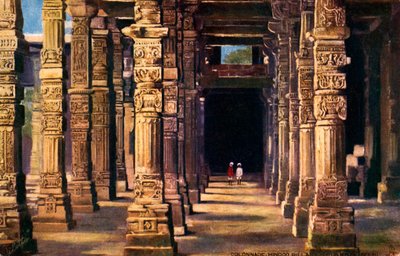 Colunata com esculturas hindus, Qutb Minar, início do século 20 (impressão) finlandesa tekijältä Unbekannter Künstler