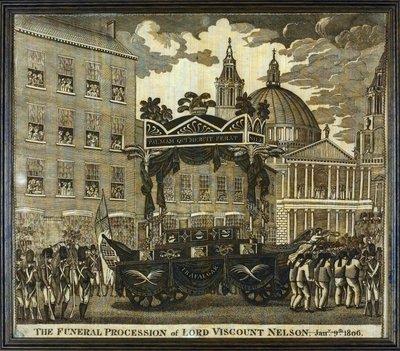 Muistonauha, jossa on teksti "Lordi varakreivi Horatio Nelsonin (1758-1805) hautajaiskulkue, 9. tammikuuta". tekijältä Unbekannter Künstler