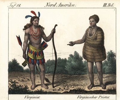 Virginian (Yhdysvallat) Powhatan-intiaanien puku: Secotan soturi ja pappi. Litografia kirjaa varten: Friedrich Wilhelm Goedsche (1785-1863) "Galerie complete en tableaux fideles des peuples d