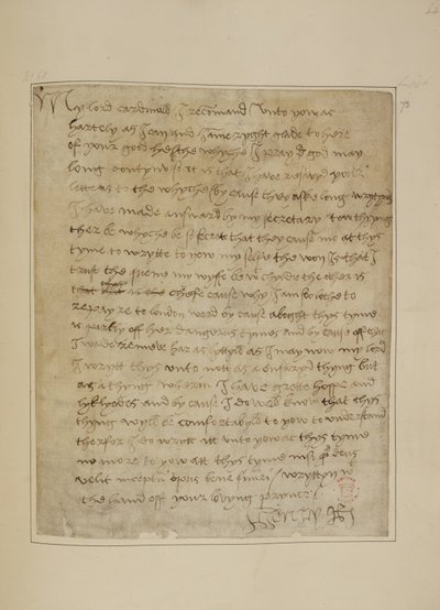 Puuvilla MS Vespasian F iii fol.73 Henry VIII:n kirje Thomas Wolseylle, kesäkuu 1518 (kynä ja muste paperille) tekijältä Unbekannter Künstler