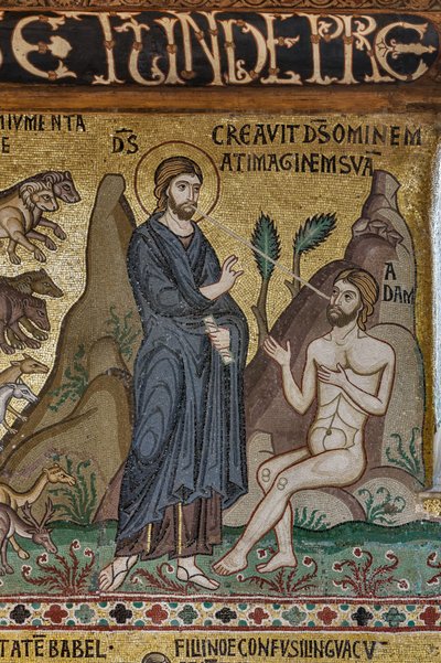 Mosaiikkisykli Vanhasta testamentista, luomisjakso: "Aadamin luominen", XII vuosisata, Palatinuksen kappeli, Kuninkaallinen palatsi tai Palazzo dei Normanni (Normaanien palatsi), Palermo, Sisilia, Italia (kuva) tekijältä Unbekannter Künstler