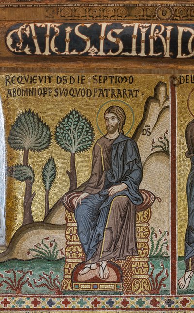 Mosaiikkisykli Vanhasta testamentista, luomisjakso: "Luojan lepo seitsemäntenä päivänä", XII vuosisata, Palatinuksen kappeli, Kuninkaanlinna tai Palazzo dei Normanni (Normaanien palatsi), Palermo, Sisilia, Italia ( kuva) tekijältä Unbekannter Künstler