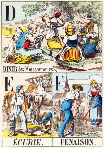 D E F: Diner des Moissonneurs, Ecurie, Fenaison - "Matalon aakkoset" 1800-luvun loppu (kaiverrus) tekijältä Unbekannt